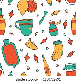 Vector seamless pattern with flu treatment concept. Cute details with garlic, cup, lemon, thermometer, socks, nasal spray, pills and other things. Cute design in doodle style