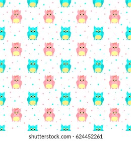 Vector seamless pattern of fluffy  pink and blue owls with dotted backdrop