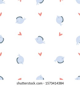 Vector Seamless Pattern With Fluke Fish And Hearts. For Textile, Bag Prints, Fabrics, Wrapping Paper, Decorations