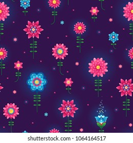 Vector seamless pattern with fluorescence flowers. Psychedelic illustration. Floral ornament. Eastern style acid color element. Flickering magical flowers in space. Neon color. Repeating texture.