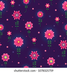 Vector seamless pattern with fluorescence flowers. Psychedelic illustration. Floral ornament.Acid color elements for fashion prints. Flickering magical flowers in space. Neon color. Repeating texture.