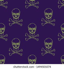 Vector Seamless Pattern of Fluorescent Sketch Pirate Skulls on Purple Background