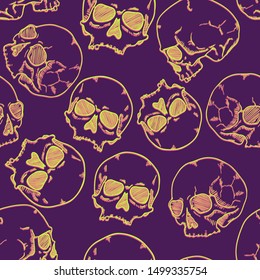 Vector Seamless Pattern of Fluorescent Sketch Skulls on Purple Background