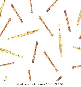 Vector seamless pattern with flutes. Classical musical instruments. Warm and golden colors. Isolated objects. 