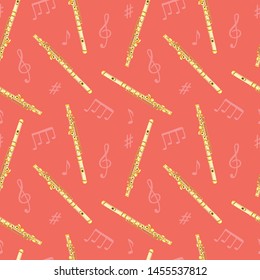 Vector seamless pattern with flutes. Classical musical instruments. Warm and golden colors. Isolated objects. 