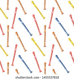 Vector seamless pattern with flutes. Classical musical instruments. Warm and golden colors. Isolated objects. 