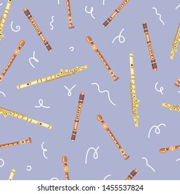 Vector seamless pattern with flutes. Classical musical instruments. Warm and golden colors. Isolated objects. 