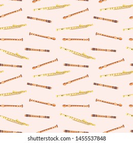 Vector seamless pattern with flutes. Classical musical instruments. Warm and golden colors. Isolated objects. 