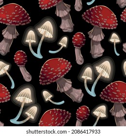 Vector seamless pattern with fly agaric muchrooms