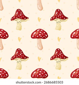 Vector seamless pattern with fly agaric mushrooms and small hearts. Perfect for fall illustrations, textiles, wrapping paper, and cozy decorative projects.
