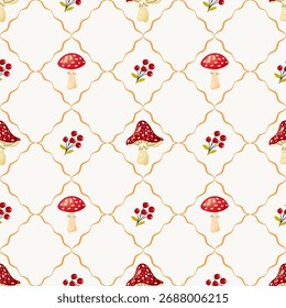 Vetor padrão sem emenda com cogumelos de mosca agárica e baga de outono em um fundo pastel. Design bonito, ideal para têxteis, papel de embrulho, papéis de parede e projetos decorativos sazonais.