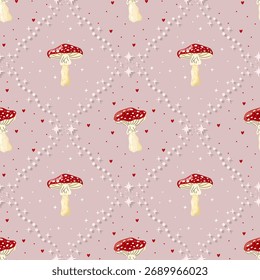 Vector seamless pattern with fly agaric mushrooms on a soft pastel background. Cute design, ideal for textiles, wrapping paper, wallpapers, and seasonal decorative projects.