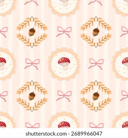 Vetor padrão sem emenda com cogumelos agáricos mosca, folhas de outono, arco em um fundo pastel macio. Ideal para têxteis, papel de embrulho, papéis de parede e projetos decorativos sazonais.