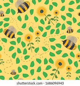 Vector seamless pattern with fly bee with sunflowers. Perfect for scrapbooking, fabric and wallpaper.