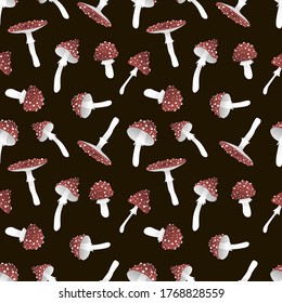 Vector seamless pattern. Fly-agarics on the black background.