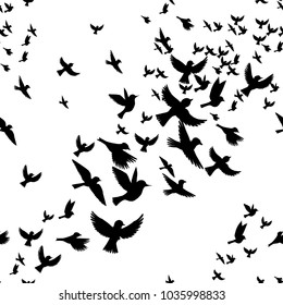 vector seamless pattern with flying birds silhouettes, hand drawn background with songbirds