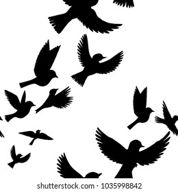 vector seamless pattern with flying birds silhouettes, hand drawn background with songbirds