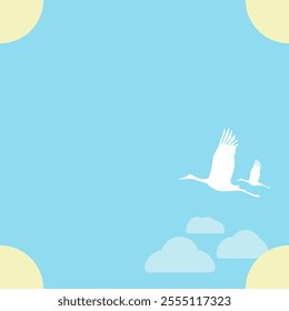 Vector seamless pattern with flying birds or Storks on pastel blue sky with sun and clouds, minimalist and modern pattern.