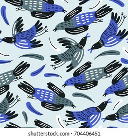 vector seamless pattern with flying birds and feathers