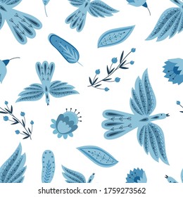 Vector seamless pattern with flying blue birds in a folk art style. Flowers and feathers. Folklore ornamental art. Decorative ornament. Vector illustration isolated on white background