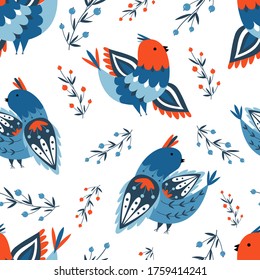 Vector seamless pattern with flying blue and red birds in a folk art style. Folklore ornamental art. Decorative ornament for wrapping paper, fabric, textile, wallpaper. Isolated on white background