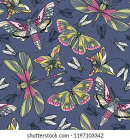 vector seamless pattern with flying butterflies on a dark grey background