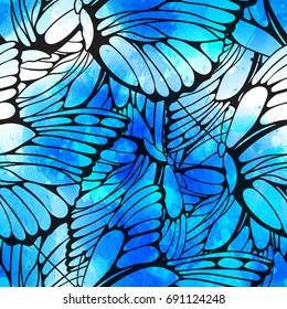 Vector seamless pattern of flying butterflies with vector watercolor texture. Abstract background with watercolour drops and strokes and butterfly wings