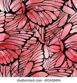 Vector seamless pattern of flying butterflies with vector watercolor texture. Abstract background with watercolour drops and strokes and butterfly wings