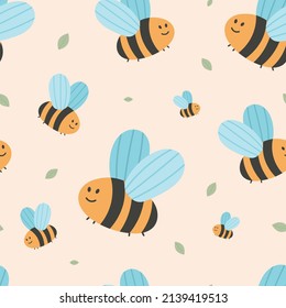 Vector seamless pattern with flying cartoon bees.