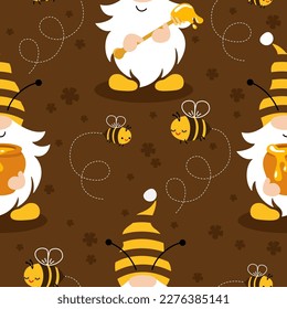 Vector seamless pattern with flying cartoon bees and gnomes. Illustration for children used for magazine, book, poster, card, web pages.
