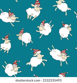 Vector seamless pattern of flying cartoon sheep in festive holiday hats. Ideal for digital uses like holiday cards, fabric designs, gift wrap, or seasonal projects.