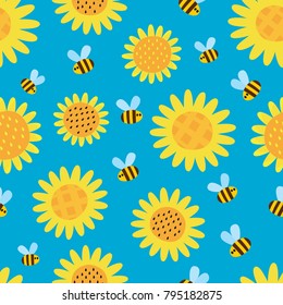 Vector seamless pattern with flying cartoon bees and flowers isolated on blue background. Illustration for children used for magazine, book, poster, card, web pages.