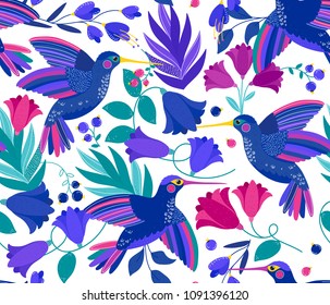 El vector es un patrón sin fisuras con colibri o colibrí volador y flores coloridas sobre blanco. Flores florecientes de verano. Patrón de aves. Flores exóticas de verano con colibri. Patrón para niños, tela, papel pintado