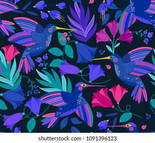 Vector seamless pattern with flying colibri or hummingbird and colorful flowers on dark. Summer blossom flowers. Birds pattern. Summer exotic flowers with colibri. Pattern for kids, fabric, wallpaper