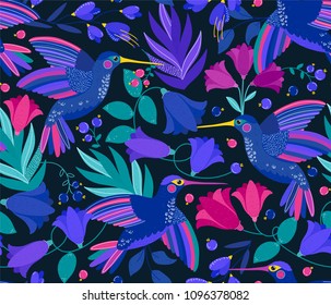 Vector seamless pattern with flying colibri or hummingbird and colorful flowers on  black. Summer blossom flowers. Birds pattern. Summer exotic flowers with colibri. Pattern for kids, fabric, wallpape