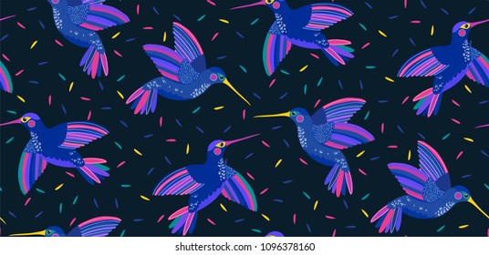 Vector seamless pattern with flying colibri or hummingbird on black. Summer pattern with birds.  Exotic hummingbirds. Pattern for kids, fabric, wallpaper