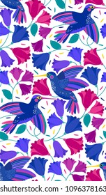 Vector seamless pattern with flying colibri or hummingbird and colorful flowers on white. Summer blossom flowers. Birds pattern. Summer exotic flowers with colibri. Pattern for kids, fabric, wallpaper