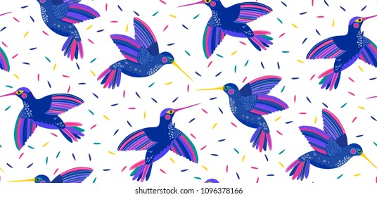 Vector seamless pattern with flying colibri or hummingbird on white. Summer pattern with birds.  Exotic hummingbirds. Pattern for kids, fabric, wallpaper