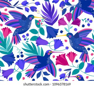 El vector es un patrón sin fisuras con colibri o colibrí volador y flores coloridas sobre blanco. Flores florecientes de verano. Patrón de aves. Flores exóticas de verano con colibri. Patrón para niños, tela, papel pintado