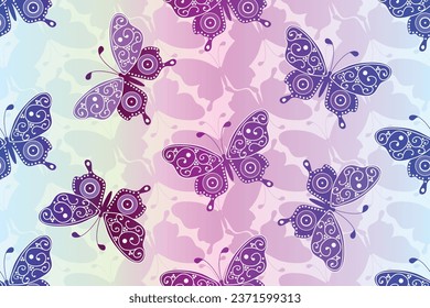Vector seamless pattern with flying doodle butterflies on a gradient background