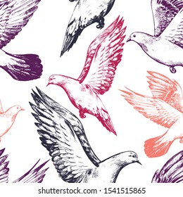 Vector seamless pattern. Flying doves isolated. Graphic sketch hand drawn background. Birds gentle wallpaper in cute colors. Vintage style. Design for wrapping paper, fabric, cards, prints and etc.