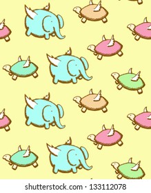 Vector seamless pattern with flying elephant and turtle