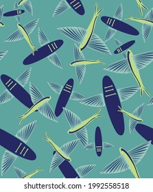 Vector seamless pattern "Flying with the Fish", easy editable, only 4 colors. For great surfers and fans of paddle boards - sportswear, bags, shoes, swimming suits, summer water outdoor activities   