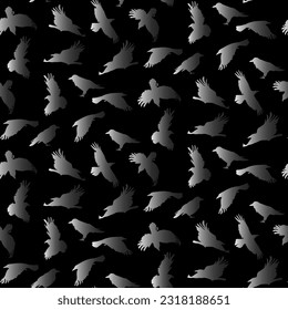 Vector seamless pattern with flying gradient crows on a black background. Mystical background with birds in the Halloween theme. Grey shades of birds, for printing on textiles and paper