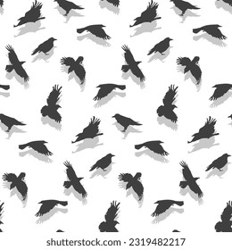 Vector seamless pattern with flying gray crows with a shadow on a white background. Mystical background with birds in the Halloween theme. Grey shades of birds, for printing on textiles and paper