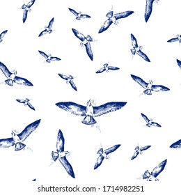 Vector seamless pattern with flying gulls on a white background. Shaded illustration with imitation of the drawing with blue ink or gel pen. Decorative artwork with marine theme for packaging design.