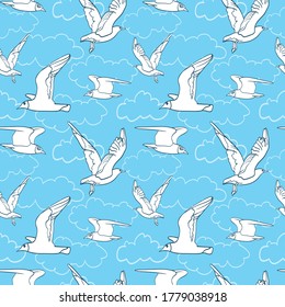 
Vector seamless pattern with flying gulls in the sky with clouds. For the design of fabric and paper products.