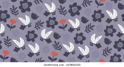 Vector seamless pattern with flying keys, spring flowers, wings and polka dots. Minimalistic romantic textile design