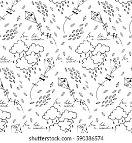 Vector seamless pattern with flying kites in a stormy weather 