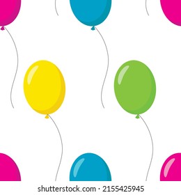 Vector seamless pattern: flying multicolor balloons. Pink, green, yellow and blue on white. Joyful, holiday design for textile, wrapping paper, wallpaper, birthday table cover.